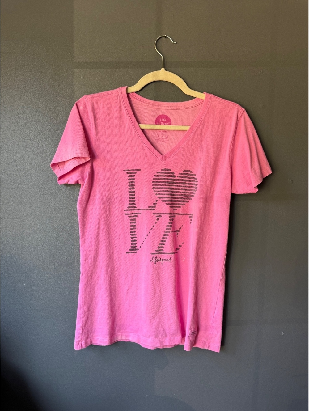 Life is Good Pink V-Neck T-Shirt with 'LOVE' Graphic - Women's Small